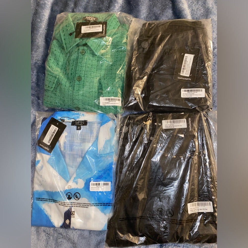 Blue Slub Shirt-Size L /Green Frayed Overshirt-Size M/Both jeans are size 34R
